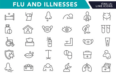 Flu and illnesses line icon set. Pandemic, cough, fever, lung CT scan, headache, pneumonia, lungs, kidney, brain, bones line icon set. UI thin line icon pack.