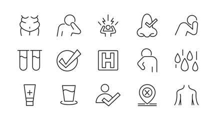 Flu and illnesses line icon set. Pandemic, cough, fever, lung CT scan, headache, pneumonia, lungs, kidney, brain, bones line icon set. UI thin line icon pack.