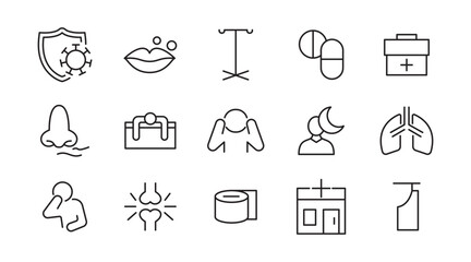 Flu and illnesses line icon set. Pandemic, cough, fever, lung CT scan, headache, pneumonia, lungs, kidney, brain, bones line icon set. UI thin line icon pack.