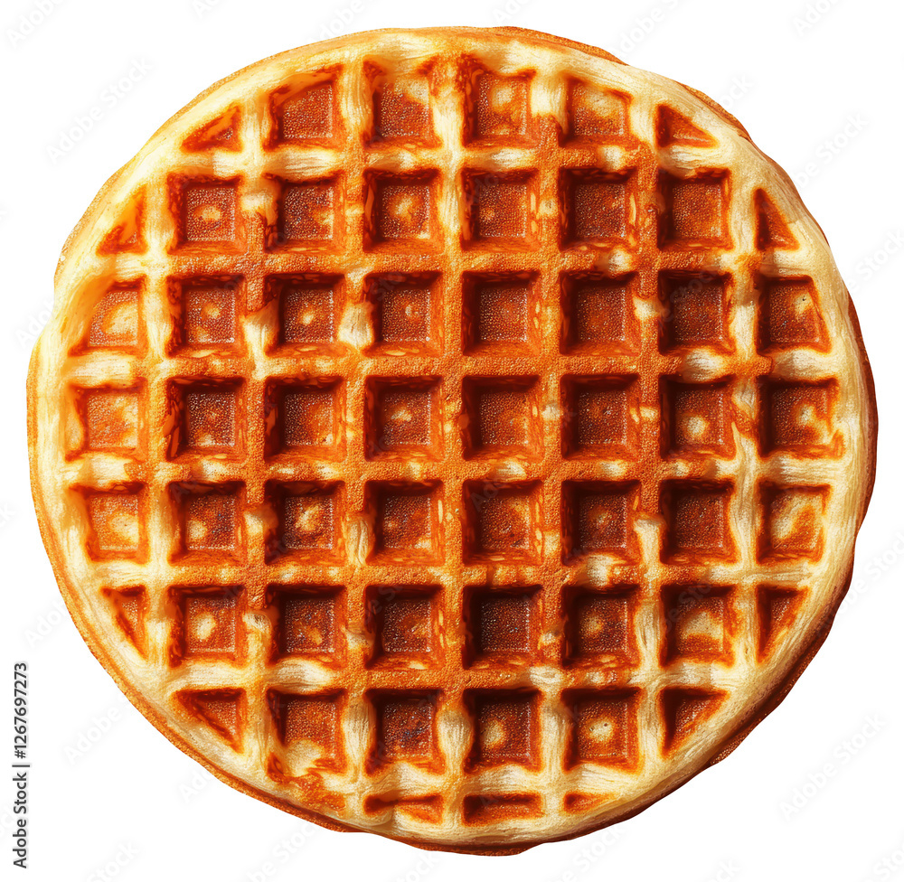 Poster golden round waffle with crispy grid pattern against transparent backdrop