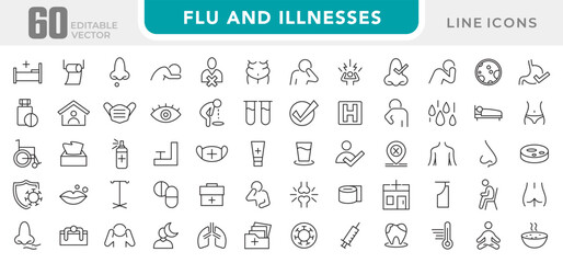 Flu and illnesses line icon set. Pandemic, cough, fever, lung CT scan, headache, pneumonia, lungs, kidney, brain, bones line icon set. UI thin line icon pack.