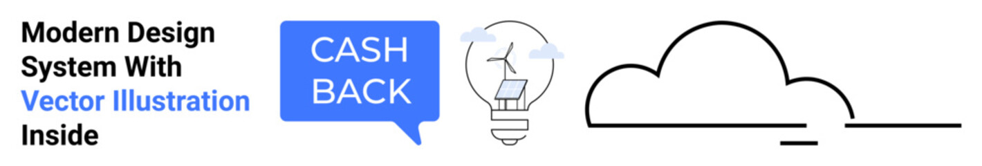 Cashback text in speech bubble, lightbulb symbolizing innovation with network connections, and cloud icon representing technology. Ideal for finance, innovation, technology, e-commerce, startups