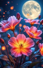  stunning close-up of vibrant, glowing flowers in full bloom, illuminated with soft golden light. The petals exhibit 