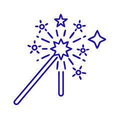 Magic wand icon with stars and sparkles, illustrating enchantment, blue outline, modern design