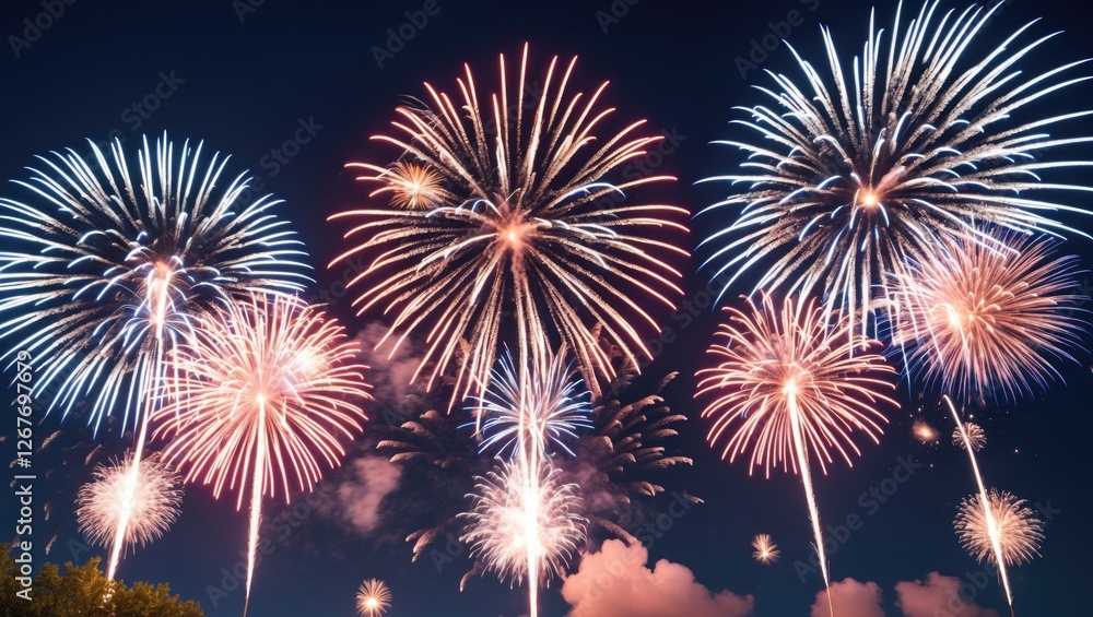 Poster vibrant fireworks display in summer night sky with clear space for custom text or messages