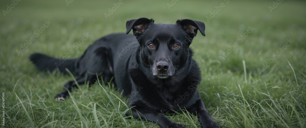 Aufkleber black dog resting in lush green grass with ample empty space for text and messaging in a serene outd