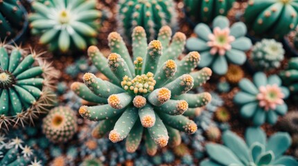 Vibrant Close-Up of Blooming Cacti and Succulents in a Garden Displaying Various Shapes and Colors in Natural Light