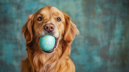 Golden retriever holding blue Easter egg in its mouth, showcasing playful and joyful expression. This charming dog is set against textured background