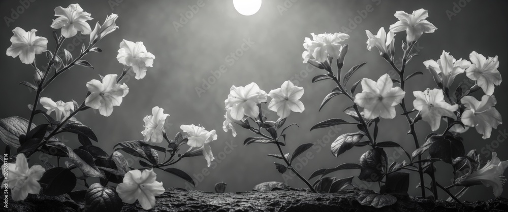 Poster black and white image of gardenia crape jasmine flowers with soft light and blank space for text or 