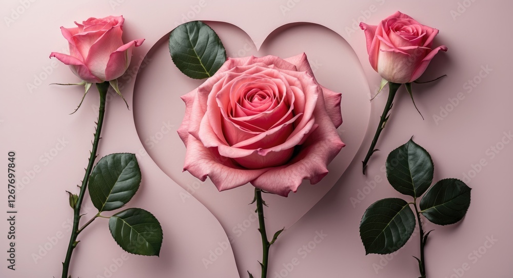 Aufkleber elegant pink roses arranged in heart shape on soft background with copy space for text promoting lov