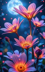 Fototapeta premium A stunning close-up of vibrant, glowing flowers in full bloom, illuminated with soft golden light. 