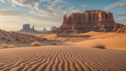 Fototapeta premium Desert Landscape at Sunrise with Sandy Dunes and Scenic Rock Formations in the Background Ideal for Text Overlay or Travel Promotion
