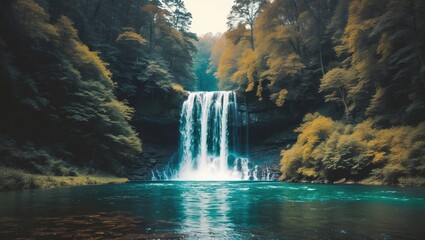 Lush Green Forest Waterfall Surrounded by Vibrant Foliage with Tranquil Water Flowing Into Clear Pool Ideal for Nature and Relaxation Themes