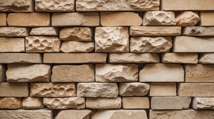 Beige stone wall texture with varied shapes and sizes ideal for backgrounds or design projects in high resolution.
