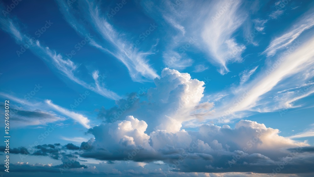 Poster vibrant blue sky adorned with wispy clouds creating a serene and tranquil backdrop for various desig