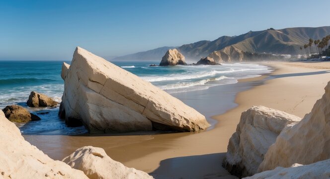 Beige Rock Formations at Point Dume Surrounded by Pacific Ocean Waves and Scenic Coastal Landscape