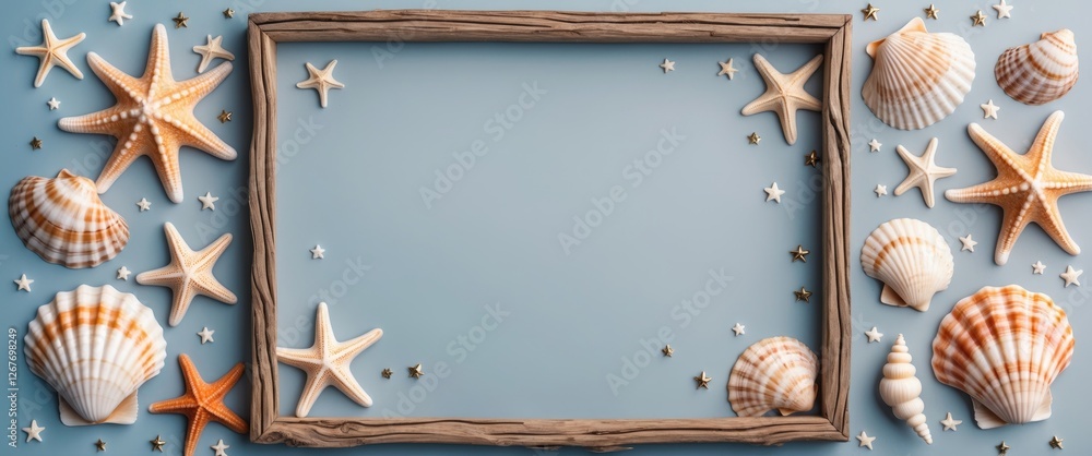 Poster summer themed minimalist background with seashells and stars featuring a blank frame for text or con