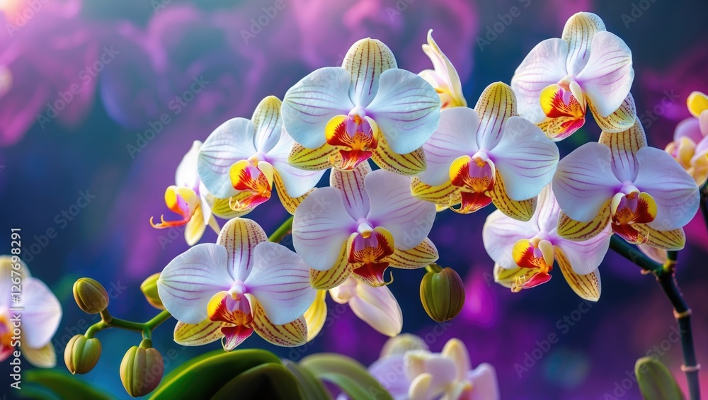 Poster vibrant white orchid flowers with soft background and empty space for text or design elements
