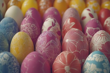 A vibrant close-up of various painted eggs showcasing intricate designs and bright colors, symbolizing creativity and festive spirit.