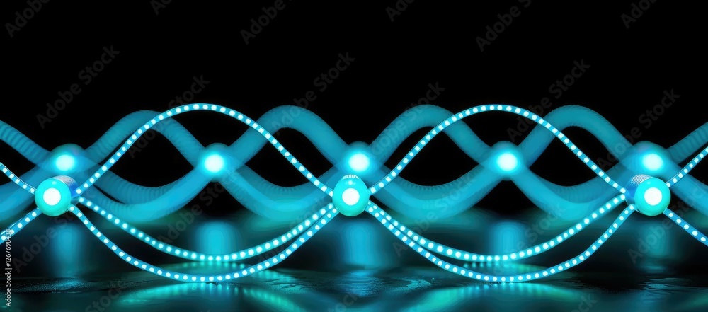 Poster a vibrant display of blue waves and glowing orbs, illustrating a dynamic interplay of light and move