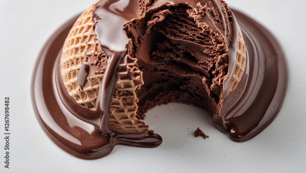 Poster bitten chocolate ice cream cone melting on a white surface with dripping chocolate sauce and space f