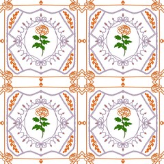 Seamless pattern of blooming white with orange roses on the white background.