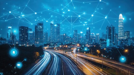 Obraz premium Smart City Night Scene Networked Urban Skyline with Traffic and Digital Connections