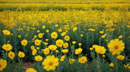 Obraz premium Vibrant yellow flower fields in full bloom creating a stunning natural landscape ideal for backgrounds and floral themed designs.