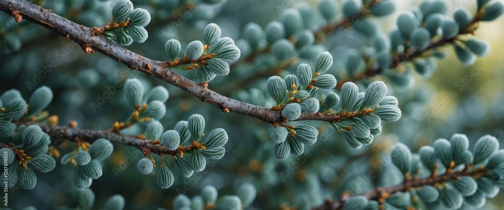 Poster close-up view of a conifer tree branch with soft green needles and delicate buds, natural botanical 