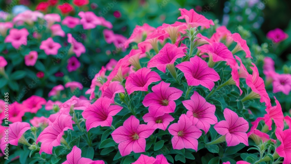 Poster vibrant display of pink petunia flowers in a garden setting with soft focus creating a serene and co