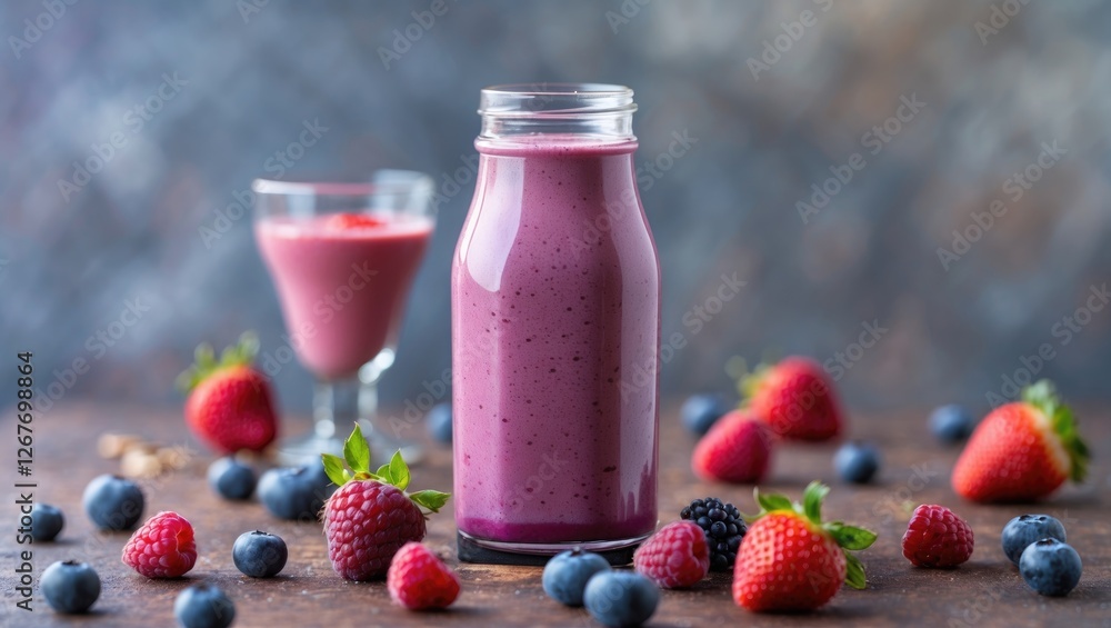 Poster berry smoothie or milkshake in glass bottle surrounded by fresh berries on rustic background with co
