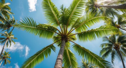 Fototapeta premium Tropical Palm Trees Against Blue Sky Aerial View with Space for Text Promoting Relaxation and Summer Vibes