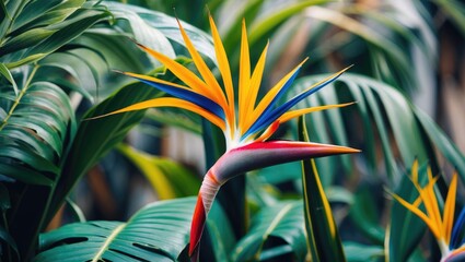 Bird of Paradise Flower Surrounded by Lush Green Leaves with Space for Text Ideal for Summer Themes and Tropical Designs