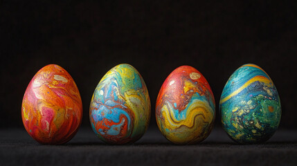 Vibrant and artistic marbled Easter eggs burst with color on a dark background for a joyous celebration