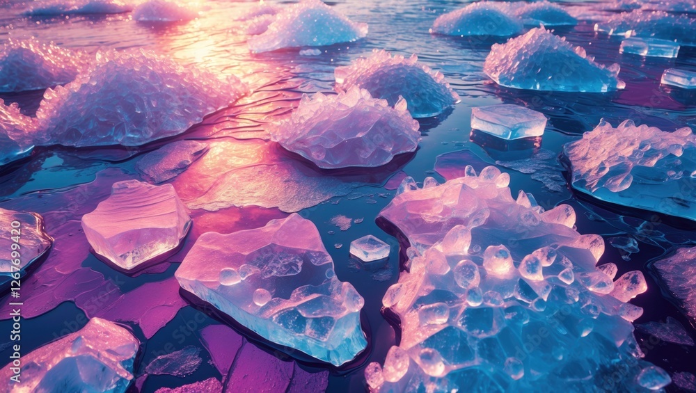 Poster ice texture with colorful patterns and shapes reflecting natural light in a serene winter landscape.