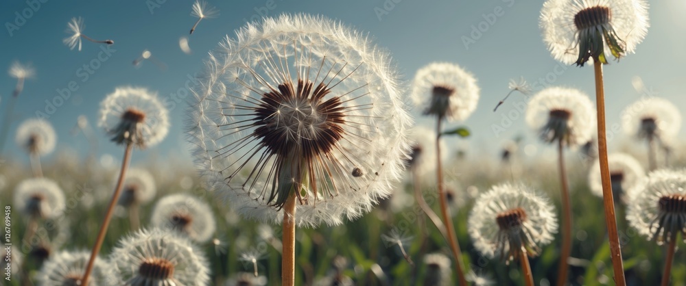 Poster delicate dandelion field in bloom with clear blue sky and ample space for text or graphics