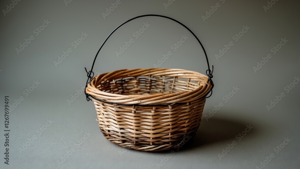 Poster woven wicker basket with a black metal handle on a plain background suitable for various display pur