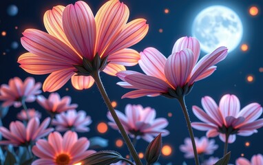 Fototapeta premium stunning close-up of vibrant, glowing flowers in full bloom, illuminated with soft golden light. The petals exhibit 