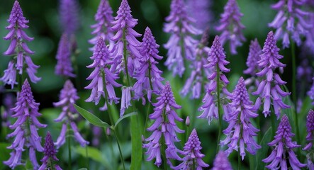 Obraz premium Purple flowering plants in a lush garden setting with soft focus and natural light showcasing vibrant blooms and greenery Copy Space