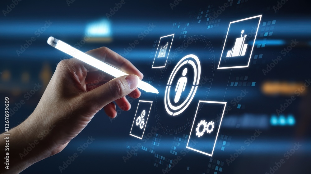 Poster person using stylus to interact with digital interface icons
