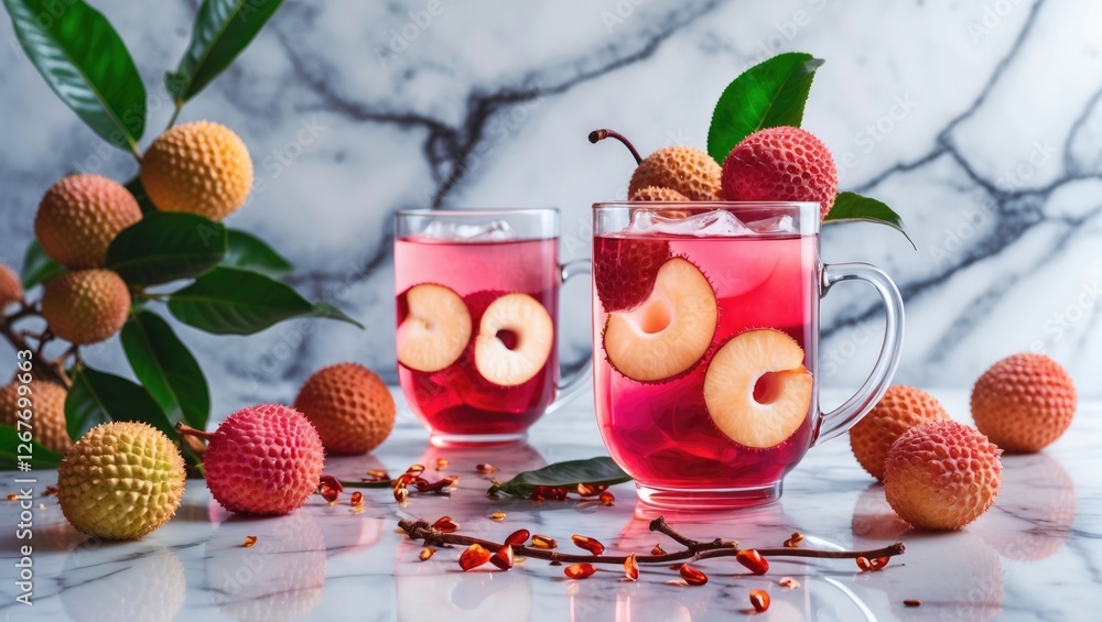 Poster refreshing fruit drink with lychee and colorful fruits served in transparent glasses on a marble sur