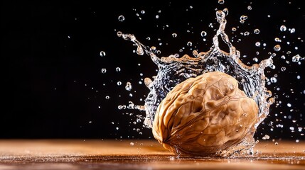 A walnut emerges from a splash of water, creating a dynamic and visually stunning image. The contrast between the smooth nut and the textured water droplets is captivating.
