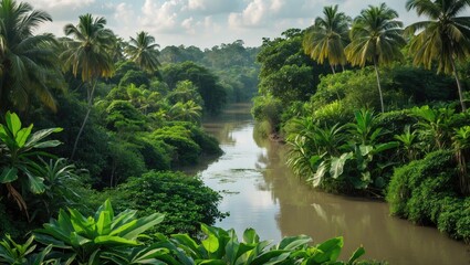 Lush tropical river landscape surrounded by dense green vegetation and palm trees with blue sky and scattered clouds Copy Space