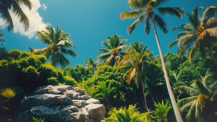 Fototapeta premium Tropical landscape with palm trees lush greenery and rock formation under a clear blue sky Copy Space