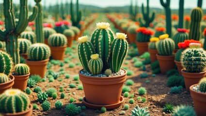 Vibrant Cactus Garden with Colorful Flowering Pots in a Serene Farm Landscape