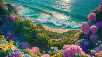 Vibrant coastal landscape in summer showcasing lush flora and serene ocean waves with space for text overlay.