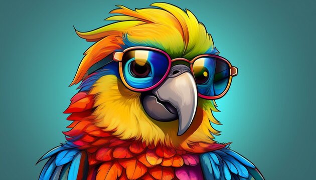 cartoon colorful parrot with sunglasses on isolated background generative ai