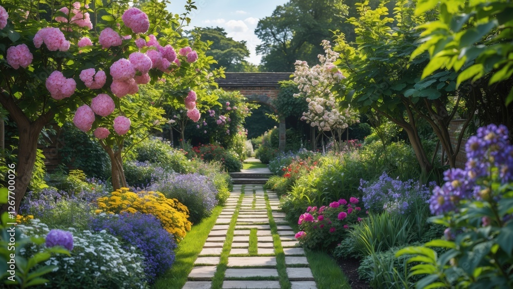 Poster lush garden pathway lined with colorful flowers and trees under a blue sky with clouds providing amp