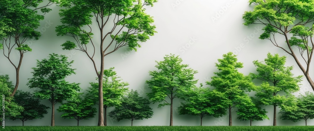 Poster lush green trees line a soft background with light gray, ideal for nature themes and design projects