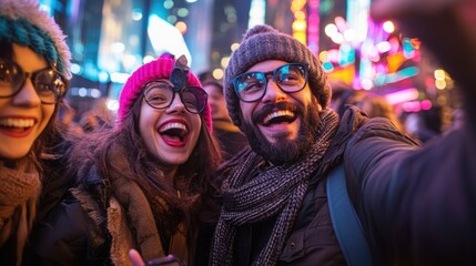 Fototapeta premium Happy friends selfie in illuminated city night